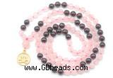 GMN6498 Knotted 8mm, 10mm rose quartz & garnet 108 beads mala necklace with charm