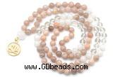 GMN6500 Knotted 8mm, 10mm sunstone, white crystal & white jade 108 beads mala necklace with charm