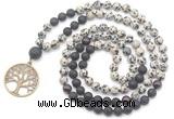 GMN6511 Knotted 8mm, 10mm dalmatian jasper, black lava & garnet 108 beads mala necklace with charm