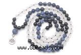 GMN6512 Knotted 8mm, 10mm matte sodalite, white crystal  & black agate 108 beads mala necklace with charm