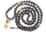 GMN6516 Knotted 8mm, 10mm black lava, smoky quartz & golden tiger eye 108 beads mala necklace with charm