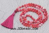 GMN674 Hand-knotted 8mm, 10mm red banded agate 108 beads mala necklaces with tassel