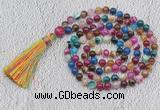 GMN675 Hand-knotted 8mm, 10mm colorfull banded agate 108 beads mala necklaces with tassel