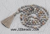 GMN699 Hand-knotted 8mm, 10mm silver needle agate 108 beads mala necklaces with tassel