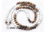 GMN7087 Chakra 8mm white howlite & yellow tiger eye 108 mala beads wrap bracelet necklaces