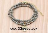 GMN7529 4mm faceted round tiny silver leaf jasper beaded necklace with letter charm