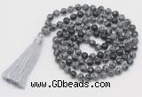 GMN794 Hand-knotted 8mm, 10mm snowflake obsidian 108 beads mala necklace with tassel