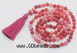 GMN798 Hand-knotted 8mm, 10mm red banded agate 108 beads mala necklace with tassel