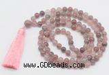 GMN812 Hand-knotted 8mm, 10mm purple strawberry quartz 108 beads mala necklace with tassel