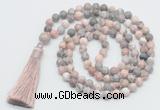 GMN816 Hand-knotted 8mm, 10mm pink zebra jasper 108 beads mala necklace with tassel