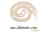 GMN8414 8mm, 10mm white fossil jasper 27, 54, 108 beads mala necklace with tassel