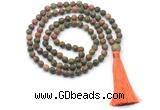 GMN8429 8mm, 10mm matte unakite 27, 54, 108 beads mala necklace with tassel