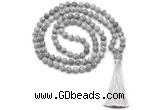 GMN8452 8mm, 10mm matte grey picture jasper 27, 54, 108 beads mala necklace with tassel