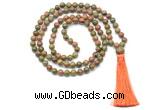 GMN8518 8mm, 10mm unakite 27, 54, 108 beads mala necklace with tassel