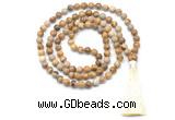 GMN8522 8mm, 10mm picture jasper 27, 54, 108 beads mala necklace with tassel