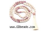 GMN8550 8mm, 10mm white fossil jasper & pink wooden jasper 108 beads mala necklace with tassel