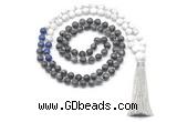 GMN8562 8mm, 10mm black labradorite, lapis lazuli & matte white howlite 108 beads mala necklace with tassel