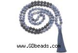 GMN8573 8mm, 10mm blue spot stone & black lava 108 beads mala necklace with tassel