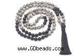 GMN8574 8mm, 10mm dalmatian jasper, black lava & garnet 108 beads mala necklace with tassel