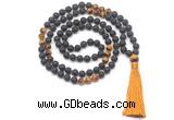 GMN8575 8mm, 10mm black lava & yellow tiger eye 108 beads mala necklace with tassel