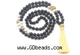 GMN8578 8mm, 10mm black lava, matte white howlite & golden tiger eye 108 beads mala necklace with tassel