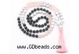 GMN8583 8mm, 10mm black agate, rose quartz & white howlite 108 beads mala necklace with tassel