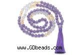 GMN8586 8mm, 10mm amethyst, citrine & white crystal 108 beads mala necklace with tassel