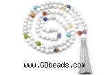 GMN8601 Hand-knotted 7 Chakra 8mm, 10mm white howlite 108 beads mala necklace with tassel