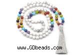 GMN8604 Hand-knotted 7 Chakra 8mm, 10mm white howlite 108 beads mala necklace with tassel