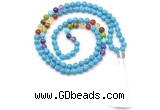 GMN8613 Hand-knotted 7 Chakra 8mm, 10mm imitation turquoise 108 beads mala necklace with tassel