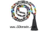 GMN8624 Hand-knotted 7 Chakra 8mm, 10mm black water jasper 108 beads mala necklace with tassel