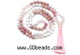 GMN8627 8mm, 10mm matte white howlite, red jasper & rose quartz 108 beads mala necklace with tassel