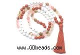 GMN8628 8mm, 10mm matte white howlite, red jasper & cherry quartz 108 beads mala necklace with tassel