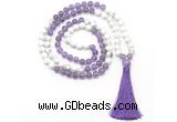 GMN8632 8mm, 10mm amethyst & white howlite 108 beads mala necklace with tassel