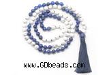 GMN8633 8mm, 10mm white howlite & lapis lazuli 108 beads mala necklace with tassel