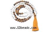 GMN8634 8mm, 10mm white howlite & yellow tiger eye 108 beads mala necklace with tassel