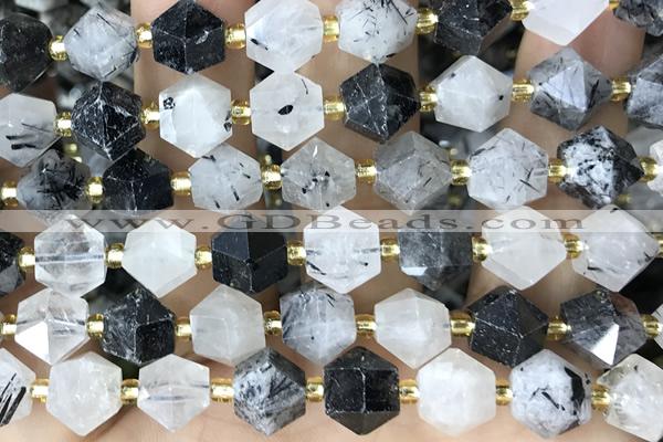 MIXE106 15 inches 10mm faceted black rutilated quartz beads