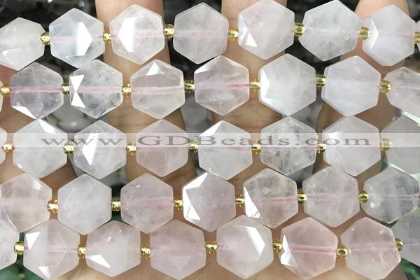 MIXE142 15 inches 12mm faceted hexagon rose quartz beads