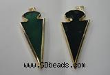 NGP1291 30*65mm green agate pendants with brass setting