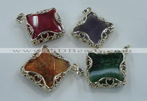 NGP1560 12*38*40mm diamond agate with brass setting pendants