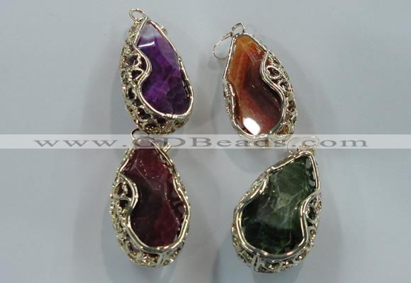 NGP1562 28*30*55mm teardrop agate with brass setting pendants