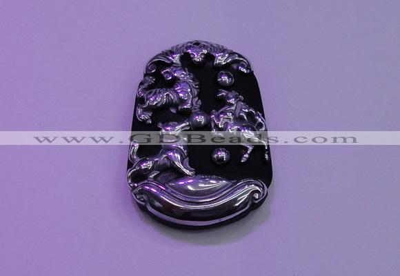 NGP2009 30*40mm carved silver plated matte black obsidian pendants