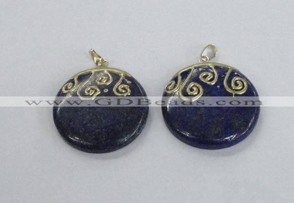 NGP2622 40mm flat round lapis lazuli gemstone pendants wholesale