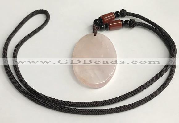 NGP5593 Rose quartz oval pendant with nylon cord necklace