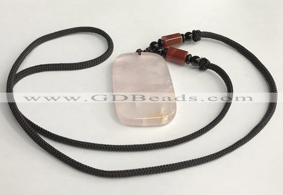 NGP5594 Rose quartz rectangle pendant with nylon cord necklace