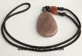 NGP5609 Strawberry quartz flat teardrop pendant with nylon cord necklace