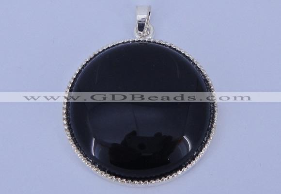 NGP651 5pcs 6*33mm flat round black obsidian with brass gemstone pendants